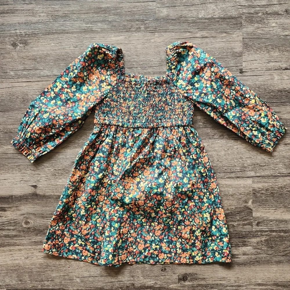 Crewcuts Floral Smocked Long-Sleeve Dress with Orange Accents